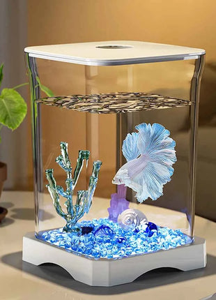 Aquarium Starter Kit Mini Desktop Rectangular Fish Tank With Top Feeding Hole with Bottom Light Tabletop Decoration For Betta