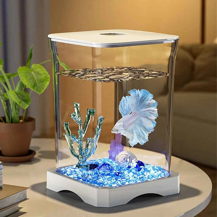 Aquarium Starter Kit Mini Desktop Rectangular Fish Tank With Top Feeding Hole with Bottom Light Tabletop Decoration For Betta