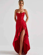 Mozision Satin Spaghetti Strap Ruffle Sexy Maxi Dress Women Off-shoulder Sleeveless Backless Thigh High Split Club Party Dress