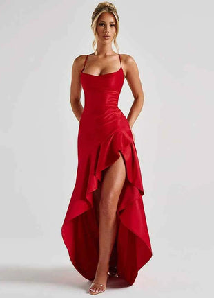 Mozision Satin Spaghetti Strap Ruffle Sexy Maxi Dress Women Off-shoulder Sleeveless Backless Thigh High Split Club Party Dress