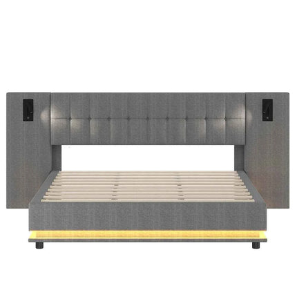 KOMHTOM Padding bed 180x200cm Linen with LED strip headboard spot and USB port-Without mattress
