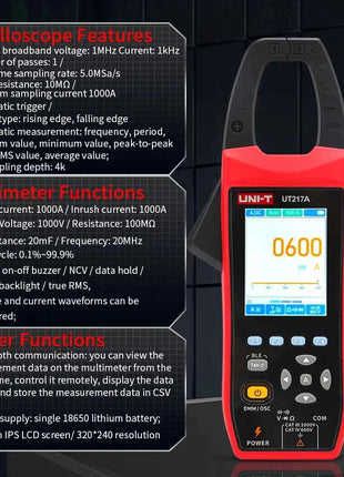UNIT UT217B 3 in 1 1000A AC/DC Clamp Meter+ Oscilloscope Bluetooth Recorder Function 18650 Lithium Battery NCV Digital Multimet