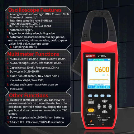 UNIT UT217B 3 in 1 1000A AC/DC Clamp Meter+ Oscilloscope Bluetooth Recorder Function 18650 Lithium Battery NCV Digital Multimet