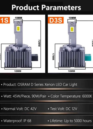 OSRAM LED D1S D3S Car Headlight LEDriving XENON HID Lamps 45W Power Bright 6000K White Canbus LED Bulbs Original Upgrade, Pair
