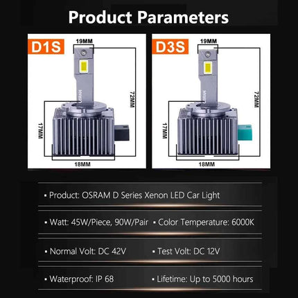 OSRAM LED D1S D3S Car Headlight LEDriving XENON HID Lamps 45W Power Bright 6000K White Canbus LED Bulbs Original Upgrade, Pair