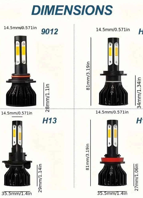 2pcs New 4 Sides 9005/HB3 9006/HB4 H4 H7 H11 H13 9004 9007 Car LED Bulbs 6000K White 8000K Ice Blue 26000LM 360 Beam Angle