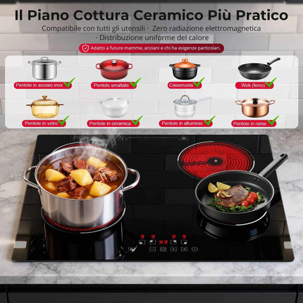 Piano Cottura a Induzione Da Incasso 4 Zone 6000W 60cm - Touch, 9 Livelli, Timer, Blocco Bambini