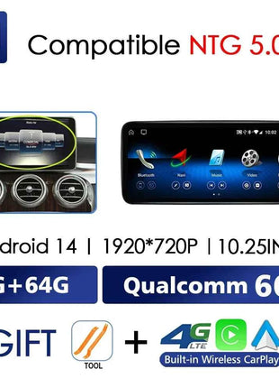 Android 14 Wireless CarPlay For Mercedes Benz C Class W205 Screen Android Auto Multimedia Navigation GPS SWC DSP 4G WiFi