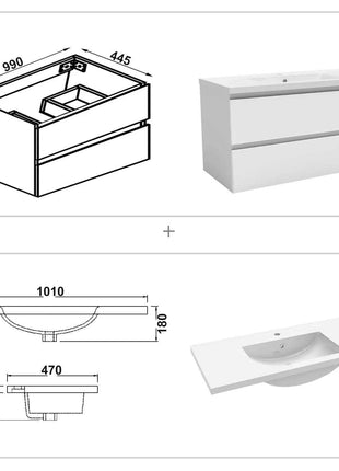 Hanging Bathroom Cabinet With Wash Basin, Width 99x44.5x52 cm, With 2 Drawers, Modern Style Bathroom Cabinet With Cushioned Closure Function, Matte White.