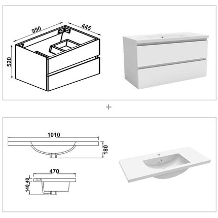 Hanging Bathroom Cabinet With Wash Basin, Width 99x44.5x52 cm, With 2 Drawers, Modern Style Bathroom Cabinet With Cushioned Closure Function, Matte White.