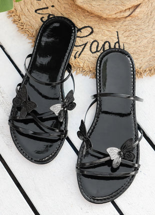 Women's Slippers with Butterfly Design Summer Chic Rose Gold Metal Band Slides Ladies Casual Outdoor Flat Beach Sandal Shoes Plus Size