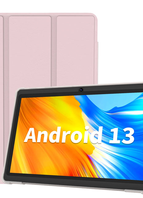 Pritom Tablet PC da 7 pollici, Android 13 Quad Core, 4 GB (2+2 GB virtuale) RAM 32 GB ROM, WiFi, doppia fotocamera, USB C, con custodia in pelle