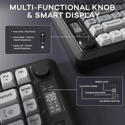 ATTACK SHARK M75 Wireless Membrane Gaming Keyboard with Knob&OLED Display Bluetooth/2.4Ghz Rainbow Backlit Gradient PBT Keycaps