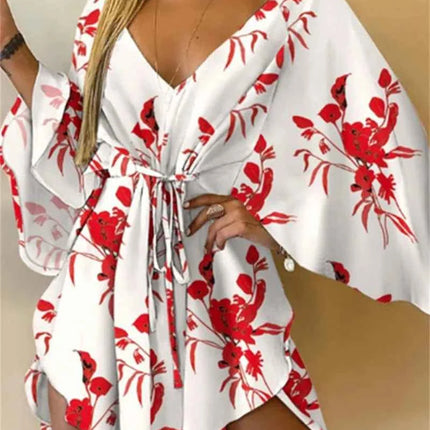 Abito da donna con stampa sexy scollo a V manica a pipistrello con volant fiori stampa Bohemian Beach vestito estivo da donna mini abiti larghi per le vacanze estive