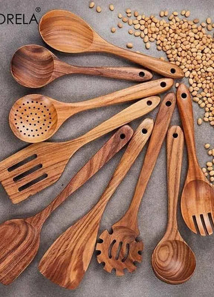 Set 9 Utensili da Cucina in Legno di Acacia Naturale - Spatole e Cucchiai per Pentole Antiaderenti