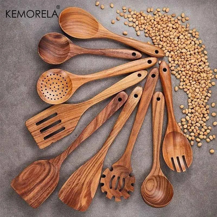 Set 9 Utensili da Cucina in Legno di Acacia Naturale - Spatole e Cucchiai per Pentole Antiaderenti