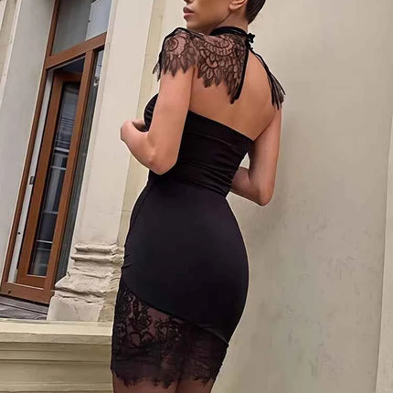 Mozision Mini abito sexy senza schienale in pizzo Abito da donna Elegante vedere attraverso dolcevita senza maniche aderente Abiti da festa da club femminile