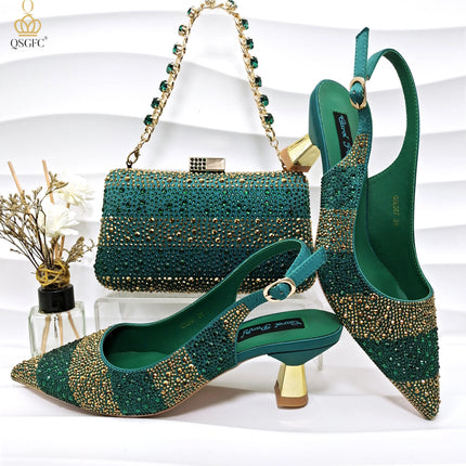 QSGFC Scarpe con tacco alto da donna di alta qualità, set di scarpe e borsa nere e oro, suola resistente, design italiano alla moda per matrimoni in Nigeria
