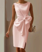 Elegante abito con fiocco solido per le donne Moda senza maniche O collo Pacchetto sottile Abiti alla moda Lady Serata formale Abbigliamento da donna