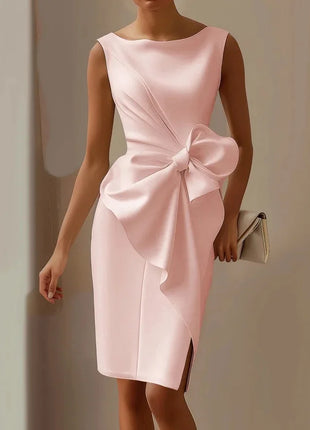 Elegante abito con fiocco solido per le donne Moda senza maniche O collo Pacchetto sottile Abiti alla moda Lady Serata formale Abbigliamento da donna