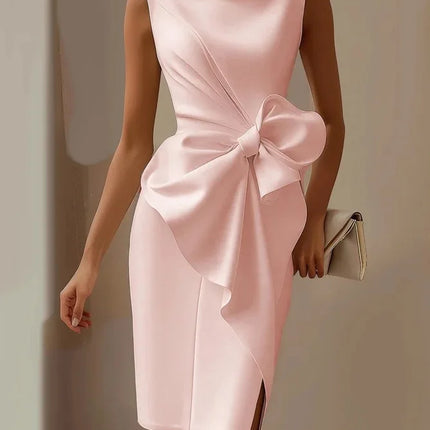 Elegante abito con fiocco solido per le donne Moda senza maniche O collo Pacchetto sottile Abiti alla moda Lady Serata formale Abbigliamento da donna