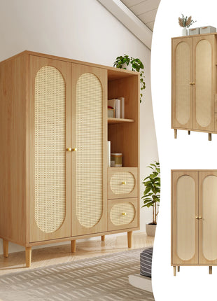 Armadio in legno di quercia stile rustico 161x120x44cm – 2 ante, 2 cassetti, ripiani aperti e asta appendiabiti – Design classico per camera da letto o corridoio – Ampio spazio per vestiti, biancheria e accessori – Co