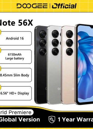 DOOGEE Note56 X 5G Mobile Phone 8.45mm Slim Body 6.56" 90Hz Screen Android 16 6150mAh Battery Al Scene Recognition Smartphone