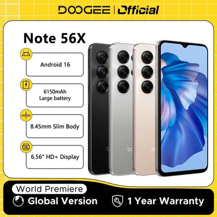 DOOGEE Note56 X 5G Mobile Phone 8.45mm Slim Body 6.56" 90Hz Screen Android 16 6150mAh Battery Al Scene Recognition Smartphone
