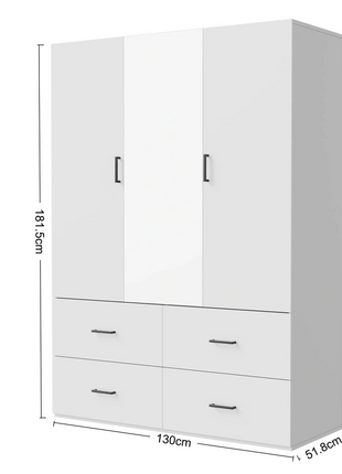Armadio a 3 ante Fangange con specchio, armadio con luci LED e cassetti, guardaroba in legno con asta appendiabiti
