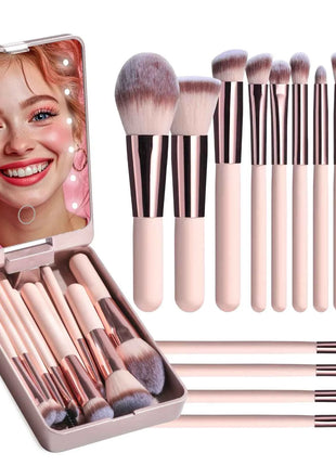 14 PCS Makeup Brush Set With Illuminated Mirror Portable Short Handle LED Light USB Rechargeable Makeup Brushes Kit