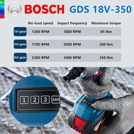 Bosch GDS 18V-350 Cordless Impact Wrench 350Nm 1/2" Brushless 3-torque Settings LED Light Adjustment 1200rpm Driver Bare Tool