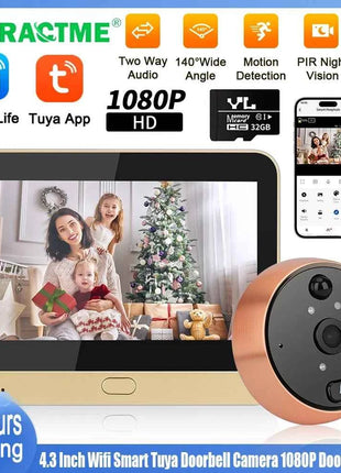 Extractme Telecamera per campanello intelligente Wifi da 4,3 pollici Tuya 1080P Telecamera spioncino per porta Full HD con campanello di rilevamento PIR Видеогла Poi
