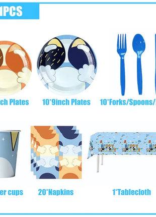 Nuovo cartone animato simpatico cane decorazione festa di compleanno kit cani blu tema buon compleanno piatti tovaglioli tazze stoviglie forniture per bambini