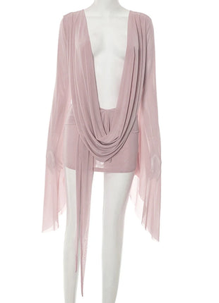 Beyprern Elegant Ruffled V Neck Flare Sleeve Sheer Mesh Mini Dress Pink Vacation Dresses Beach Cover Up Dress Night Out Clubwear