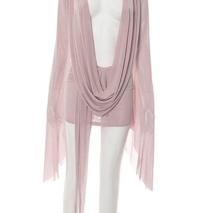 Beyprern Elegante manica svasata con scollo a V increspato Abito corto in rete trasparente Abiti da vacanza rosa Abito copricostume da spiaggia Abiti da notte