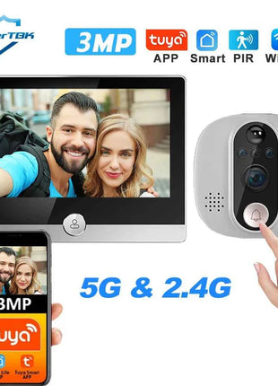 Videocitofono WiFi Smart Life Tuya 3MP 1080P con Telecamera Spioncino, Batteria 5000mAh, Rilevatore di Movimento PIR, Visione Notturna IR, Visore Digitale per Porta 5G 2.4G