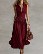 2026 Women's Summer Sleeveless Long Dress, Sexy, Button-Down Lapel, High-Waisted, Bohemian Style, Ruffled, Solid Color, for Holidays