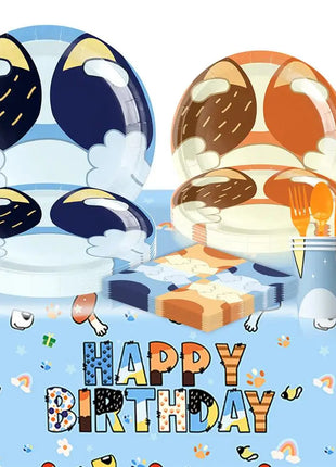 Nuovo cartone animato simpatico cane decorazione festa di compleanno kit cani blu tema buon compleanno piatti tovaglioli tazze stoviglie forniture per bambini