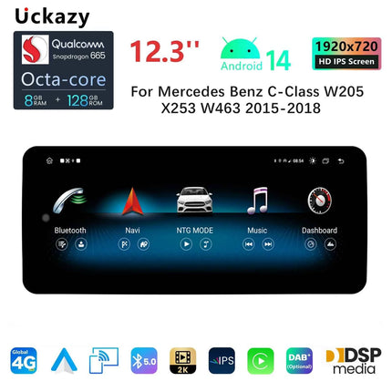 12.3"Android 14 Car Radio Stereo For Mercedes Benz C Class W205 GLC Class X253 W446 2014-2018 GPS Navigation Multimedia CarPlay
