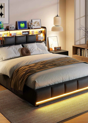 Rosahqnda Upholstered Bed 140/160 x 200 cm with LED Headboard,Hydraulic Storage Space and Metal Frame,Youth Bed,PU