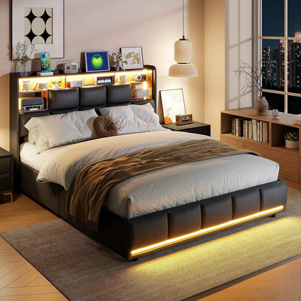 Rosahqnda Upholstered Bed 140/160 x 200 cm with LED Headboard,Hydraulic Storage Space and Metal Frame,Youth Bed,PU