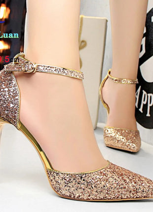 Sandali da Donna con Paillettes 2025, 9.5cm 7.5cm, Fibbia alla Caviglia, Tacco a Spillo per Matrimonio, Nuove Scarpe Classiche con Tacco Alto, Taglie 34-40