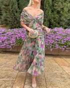 Abbigliamento donna elegante Abito plissettato a vita alta con stampa floreale Boho Nuovo abito a trapezio da cocktail con maniche a pipistrello a petto basso