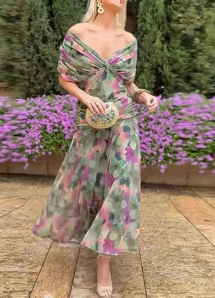 Abbigliamento donna elegante Abito plissettato a vita alta con stampa floreale Boho Nuovo abito a trapezio da cocktail con maniche a pipistrello a petto basso