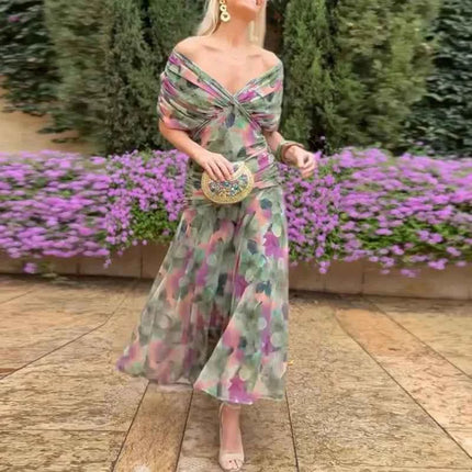 Abbigliamento donna elegante Abito plissettato a vita alta con stampa floreale Boho Nuovo abito a trapezio da cocktail con maniche a pipistrello a petto basso