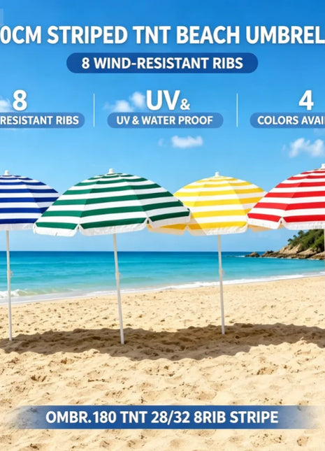 Ombrellone da spiaggia a righe in TNT da 180 cm con frange, ombrellone portatile da esterno a 8 stecche, ombrellone da spiaggia a righe impermeabile e resistente al vento per giardino, piscina, mare, campeggio