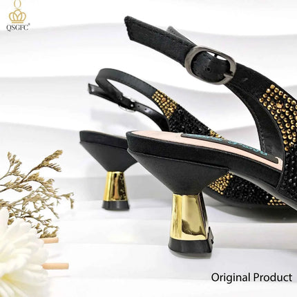 QSGFC Scarpe con tacco alto da donna di alta qualità, set di scarpe e borsa nere e oro, suola resistente, design italiano alla moda per matrimoni in Nigeria