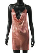 2023 Sexy Clubwear Backless Sequin Short Dress for Women Cocktail Metallic Split Mesh Harness Body Chain Club Low Cut Mini Dress