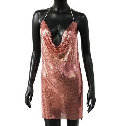 2023 Sexy Clubwear Backless paillettes abito corto per le donne Cocktail Metalic Split Mesh Harness Body Chain Club Low Cut Mini Dress