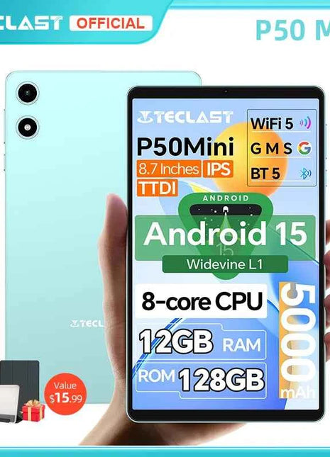 Teclast P50 Mini Tablet Android 15 8.7"IPS 90Hz 12GB(4GB+8GB Espansione)RAM 128GB ROM T606 8 Core 5000mAh GPS Widevine L1 Type-C